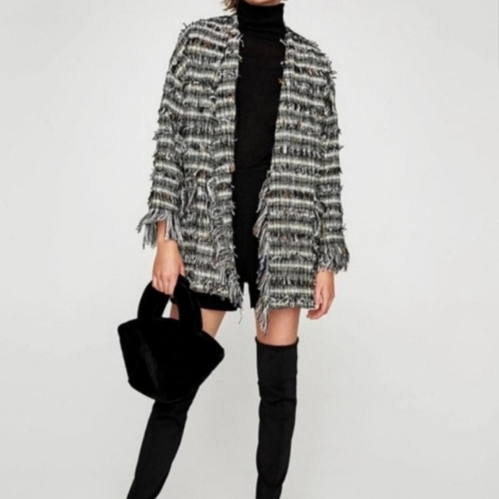 ZARA Fringe Tweed Over Coat Navy Black New With Tags Women's Size XSmall